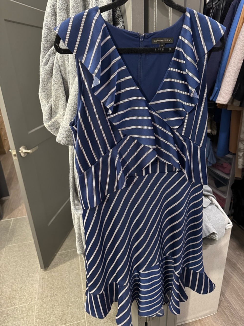 Banana Republic Navy and White Striped V-Neck Ruffle Midi Dress